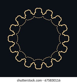 Golden round ornament, frame, border, line art icon. Vector linear floral geometric motif. Isolated design element for brochure, invitation card, logo, monogram, emblem. Gold and black background