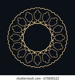 Golden round ornament, frame, border, line art icon. Vector linear floral geometric motif. Isolated design element for brochure, invitation card, logo, monogram, emblem. Gold and black background