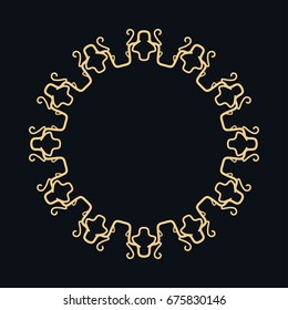 Golden round ornament, frame, border, line art icon. Vector linear floral geometric motif. Isolated design element for brochure, invitation card, logo, monogram, emblem. Gold and black background