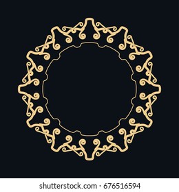 Golden round ornament, frame, border, line art icon. Vector linear floral geometric motif. Isolated design element for brochure, invitation card, logo, monogram, emblem. Gold and black background