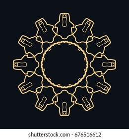 Golden round ornament, frame, border, line art icon. Vector linear floral geometric motif. Isolated design element for brochure, invitation card, logo, monogram, emblem. Gold and black background