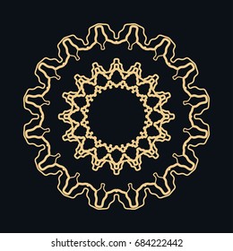 Golden round ornament, frame, border, line art icon. Vector linear floral geometric motif. Isolated design element for brochure, invitation card, logo, monogram, emblem. Gold and black background