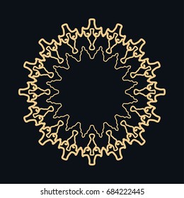Golden round ornament, frame, border, line art icon. Vector linear floral geometric motif. Isolated design element for brochure, invitation card, logo, monogram, emblem. Gold and black background