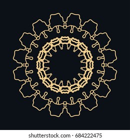 Golden round ornament, frame, border, line art icon. Vector linear floral geometric motif. Isolated design element for brochure, invitation card, logo, monogram, emblem. Gold and black background