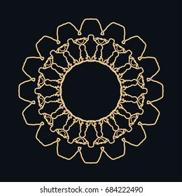 Golden round ornament, frame, border, line art icon. Vector linear floral geometric motif. Isolated design element for brochure, invitation card, logo, monogram, emblem. Gold and black background