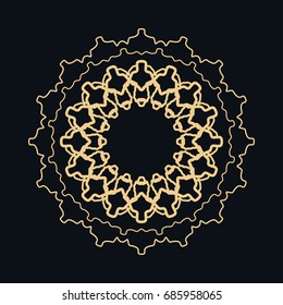 Golden round ornament, frame, border, line art icon. Vector linear floral geometric motif. Isolated design element for brochure, invitation card, logo, monogram, emblem. Gold and black background