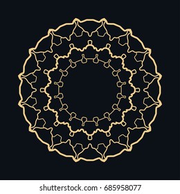 Golden round ornament, frame, border, line art icon. Vector linear floral geometric motif. Isolated design element for brochure, invitation card, logo, monogram, emblem. Gold and black background