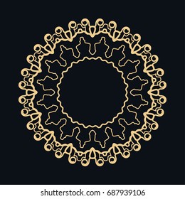 Golden round ornament, frame, border, line art icon. Vector linear floral geometric motif. Isolated design element for brochure, invitation card, logo, monogram, emblem. Gold and black background