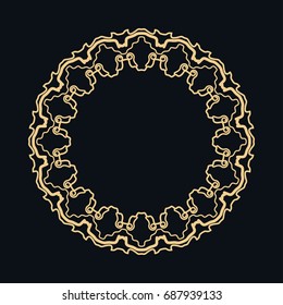 Golden round ornament, frame, border, line art icon. Vector linear floral geometric motif. Isolated design element for brochure, invitation card, logo, monogram, emblem. Gold and black background