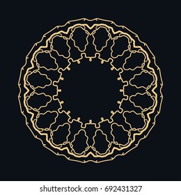 Golden round ornament, frame, border, line art icon. Vector linear floral geometric motif. Isolated design element for brochure, invitation card, logo, monogram, emblem. Gold and black background