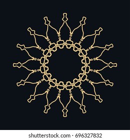 Golden round ornament, frame, border, line art icon. Vector linear floral geometric motif. Isolated design element for brochure, invitation card, logo, monogram, emblem. Gold and black background