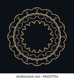 Golden round ornament, frame, border, line art icon. Vector linear floral geometric motif. Isolated design element for brochure, invitation card, logo, monogram, emblem. Gold and black background