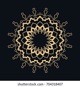 Golden round ornament, frame, border, line art icon. Vector linear floral geometric motif. Isolated design element for brochure, invitation card, logo, monogram, emblem. Gold and black background