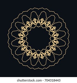 Golden round ornament, frame, border, line art icon. Vector linear floral geometric motif. Isolated design element for brochure, invitation card, logo, monogram, emblem. Gold and black background