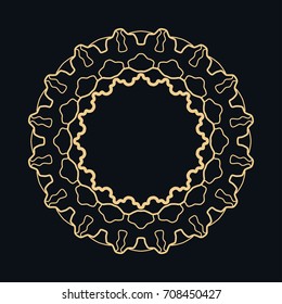 Golden round ornament, frame, border, line art icon. Vector linear floral geometric motif. Isolated design element for brochure, invitation card, logo, monogram, emblem. Gold and black background