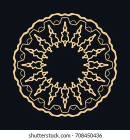 Golden round ornament, frame, border, line art icon. Vector linear floral geometric motif. Isolated design element for brochure, invitation card, logo, monogram, emblem. Gold and black background