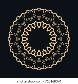 Golden round ornament, frame, border, line art icon. Vector linear floral geometric motif. Isolated design element for brochure, invitation card, logo, monogram, emblem. Gold and black background