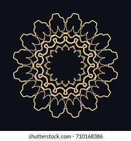 Golden round ornament, frame, border, line art icon. Vector linear floral geometric motif. Isolated design element for brochure, invitation card, logo, monogram, emblem. Gold and black background