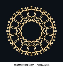 Golden round ornament, frame, border, line art icon. Vector linear floral geometric motif. Isolated design element for brochure, invitation card, logo, monogram, emblem. Gold and black background