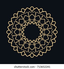 Golden round ornament, frame, border, line art icon. Vector linear floral geometric motif. Isolated design element for brochure, invitation card, logo, monogram, emblem. Gold and black background