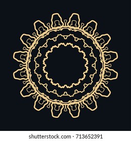 Golden round ornament, frame, border, line art icon. Vector linear floral geometric motif. Isolated design element for brochure, invitation card, logo, monogram, emblem. Gold and black background