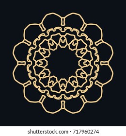 Golden round ornament, frame, border, line art icon. Vector linear floral geometric motif. Isolated design element for brochure, invitation card, logo, monogram, emblem. Gold and black background