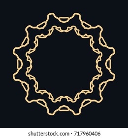 Golden round ornament, frame, border, line art icon. Vector linear floral geometric motif. Isolated design element for brochure, invitation card, logo, monogram, emblem. Gold and black background