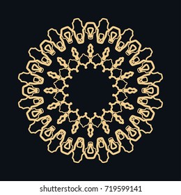 Golden round ornament, frame, border, line art icon. Vector linear floral geometric motif. Isolated design element for brochure, invitation card, logo, monogram, emblem. Gold and black background