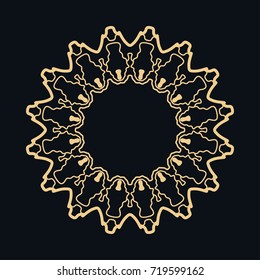 Golden round ornament, frame, border, line art icon. Vector linear floral geometric motif. Isolated design element for brochure, invitation card, logo, monogram, emblem. Gold and black background