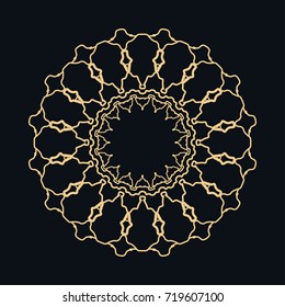 Golden round ornament, frame, border, line art icon. Vector linear floral geometric motif. Isolated design element for brochure, invitation card, logo, monogram, emblem. Gold and black background