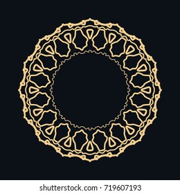Golden round ornament, frame, border, line art icon. Vector linear floral geometric motif. Isolated design element for brochure, invitation card, logo, monogram, emblem. Gold and black background