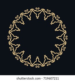 Golden round ornament, frame, border, line art icon. Vector linear floral geometric motif. Isolated design element for brochure, invitation card, logo, monogram, emblem. Gold and black background
