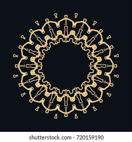 Golden round ornament, frame, border, line art icon. Vector linear floral geometric motif. Isolated design element for brochure, invitation card, logo, monogram, emblem. Gold and black background