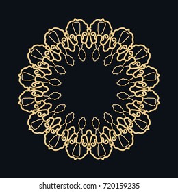 Golden round ornament, frame, border, line art icon. Vector linear floral geometric motif. Isolated design element for brochure, invitation card, logo, monogram, emblem. Gold and black background