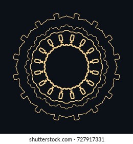 Golden round ornament frame border, line art icon. Floral linear motif. Isolated design element for brochure, invitation card, logo, monogram, emblem. Gold and black background