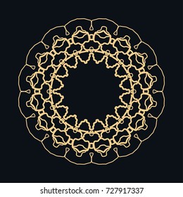 Golden round ornament frame border, line art icon. Floral linear motif. Isolated design element for brochure, invitation card, logo, monogram, emblem. Gold and black background