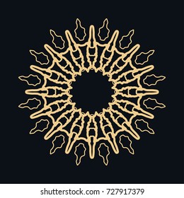 Golden round ornament frame border, line art icon. Floral linear motif. Isolated design element for brochure, invitation card, logo, monogram, emblem. Gold and black background
