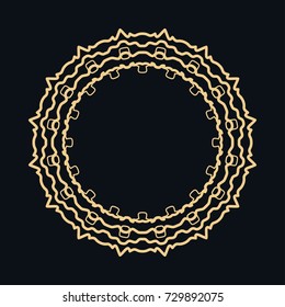 Golden round ornament, frame, border, line art icon. Vector linear floral geometric motif. Isolated design element for brochure, invitation card, logo, monogram, emblem. Gold and black background