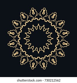 Golden round ornament, frame, border, line art icon. Vector linear floral geometric motif. Isolated design element for brochure, invitation card, logo, monogram, emblem. Gold and black background