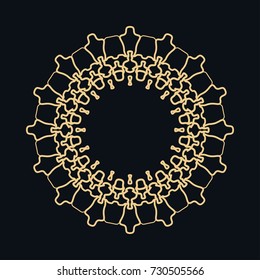 Golden round ornament, frame, border, line art icon. Vector linear floral geometric motif. Isolated design element for brochure, invitation card, logo, monogram, emblem. Gold and black background