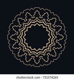 Golden round ornament, frame, border, line art icon. Vector linear floral geometric motif. Isolated design element for brochure, invitation card, logo, monogram, emblem. Gold and black background