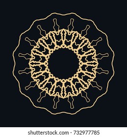 Golden round ornament, frame, border, line art icon. Vector linear floral geometric motif. Isolated design element for brochure, invitation card, logo, monogram, emblem. Gold and black background