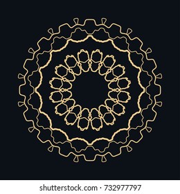 Golden round ornament, frame, border, line art icon. Vector linear floral geometric motif. Isolated design element for brochure, invitation card, logo, monogram, emblem. Gold and black background