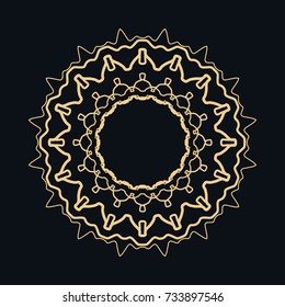 Golden round ornament, frame, border, line art icon. Vector linear floral geometric motif. Isolated design element for brochure, invitation card, logo, monogram, emblem. Gold and black background