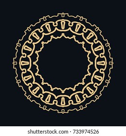 Golden round ornament, frame, border, line art icon. Vector linear floral geometric motif. Isolated design element for brochure, invitation card, logo, monogram, emblem. Gold and black background