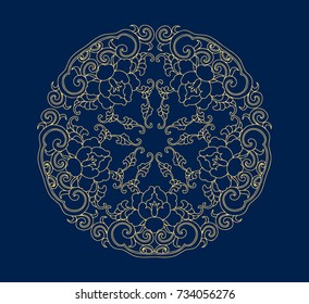 Golden round ornament, frame, border, line art icon. Vector linear floral geometric motif.