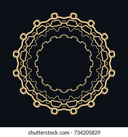 Golden round ornament, frame, border, line art icon. Vector linear floral geometric motif. Isolated design element for brochure, invitation card, logo, monogram, emblem. Gold and black background