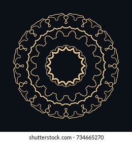 Golden round ornament, frame, border, line art icon. Vector linear floral geometric motif. Isolated design element for brochure, invitation card, logo, monogram, emblem. Gold and black background