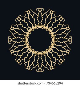 Golden round ornament, frame, border, line art icon. Vector linear floral geometric motif. Isolated design element for brochure, invitation card, logo, monogram, emblem. Gold and black background