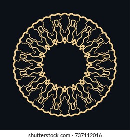 Golden round ornament, frame, border, line art icon. Vector linear floral geometric motif. Isolated design element for brochure, invitation card, logo, monogram, emblem. Gold and black background